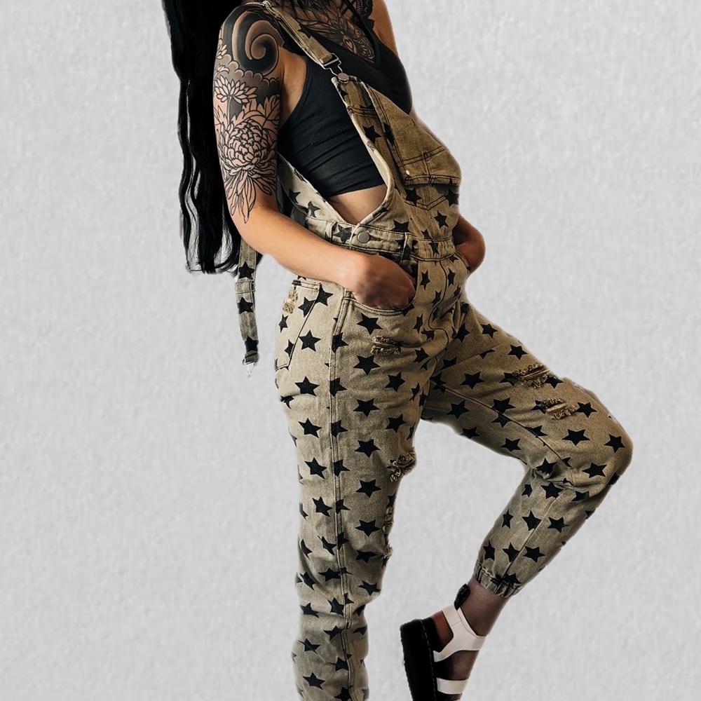 Green and black star denim overalls